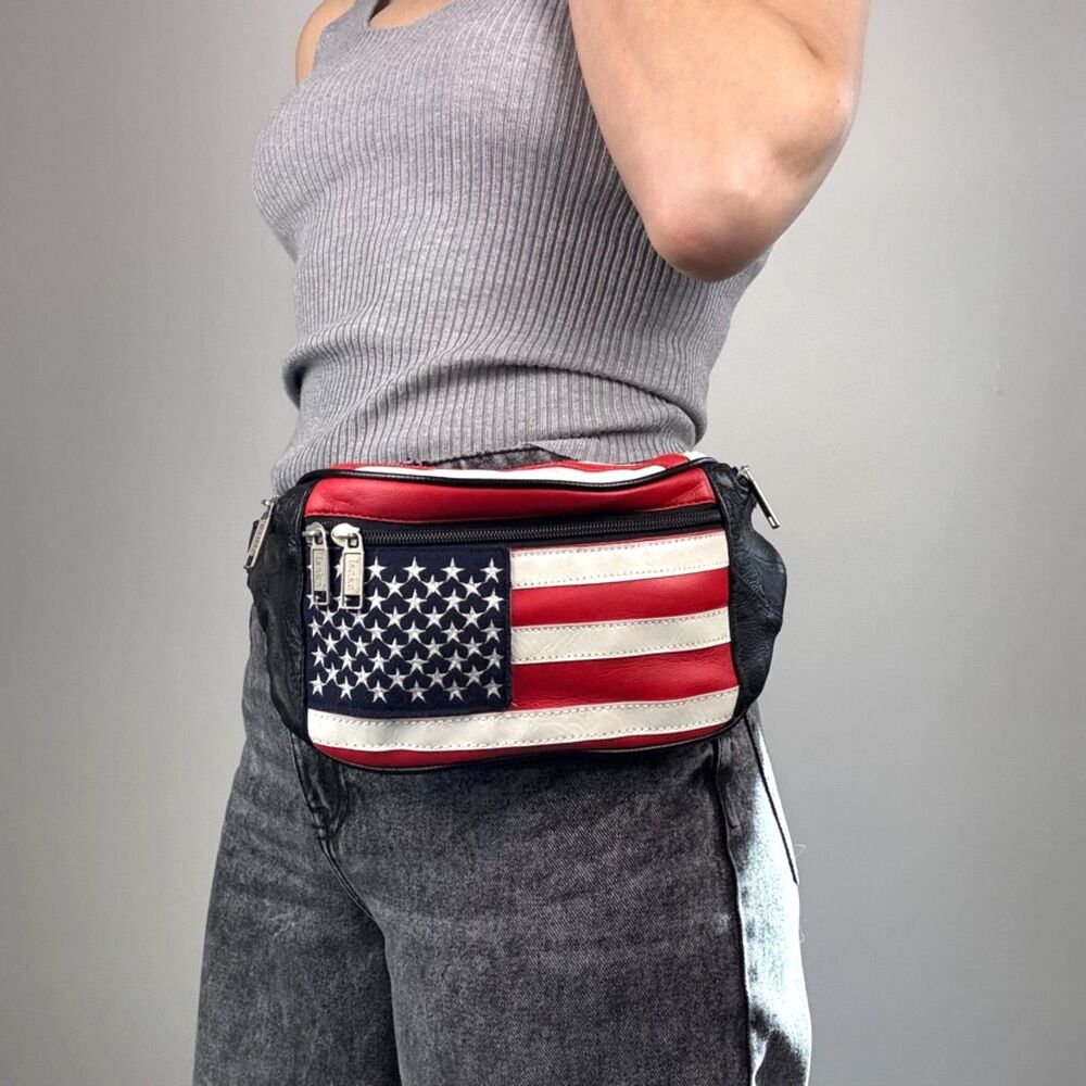 Vintage American Flag Leather Fanny Pack Belt Bag Red White Blue 90s